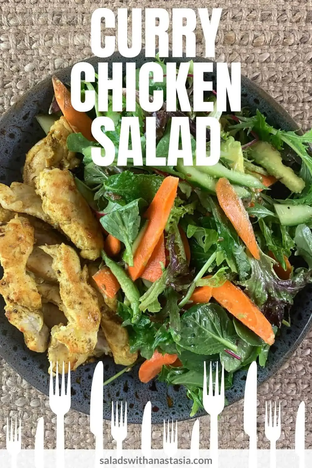 Keto Curry Chicken Salad in a dark grey patterned bowl sitting on top a hessian place matt with a text and graphic overlay.