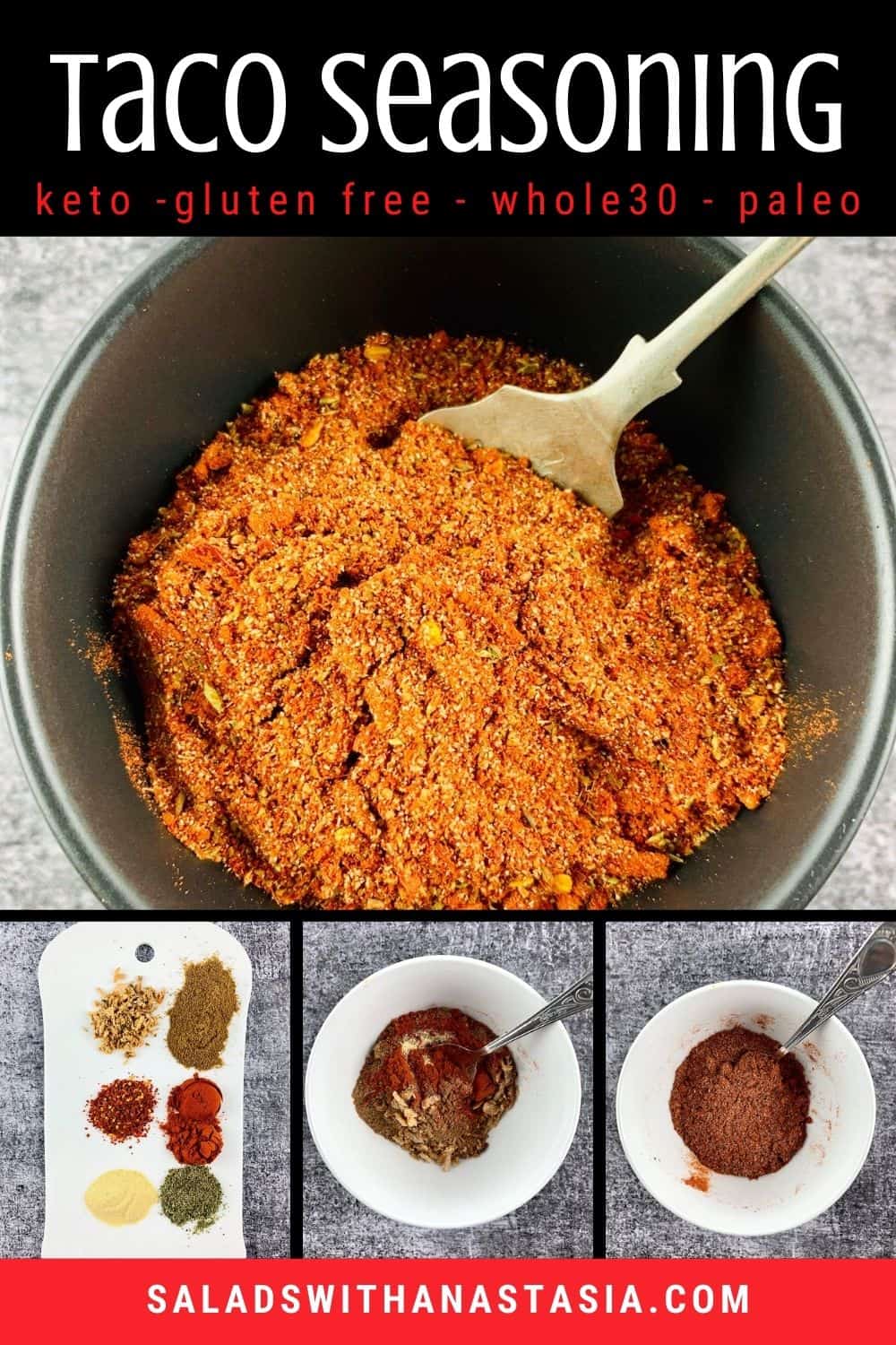 Keto-friendly taco seasoning in a black bowl with a silver spoon. Pics of steps to making it and a text overlay.