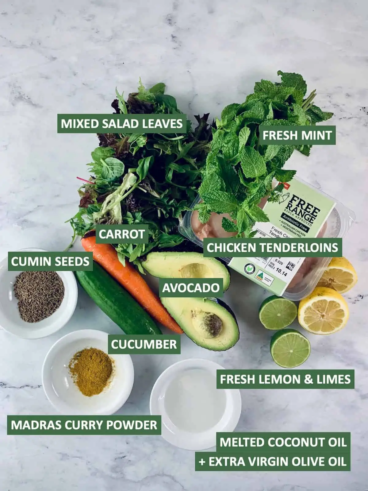 Labelled ingredients needed to make Keto Curry Chicken Salad.