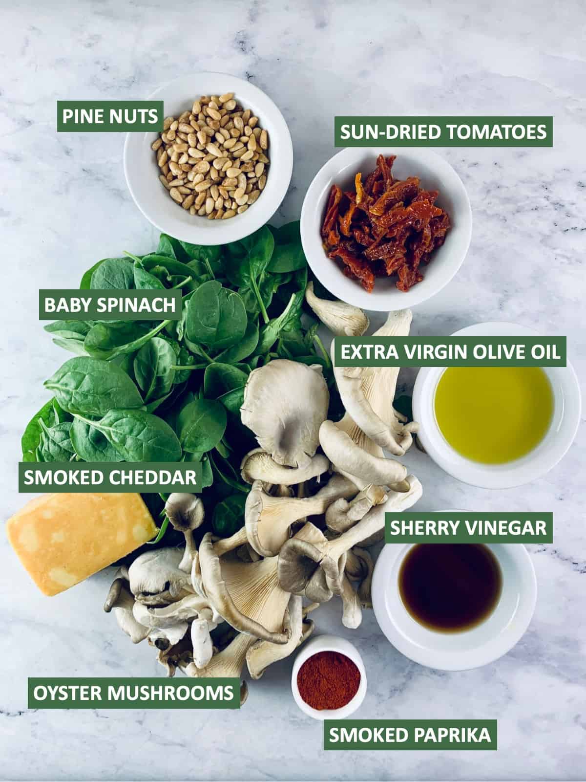Labelled ingredients needed to make Oyster Mushroom Salad.