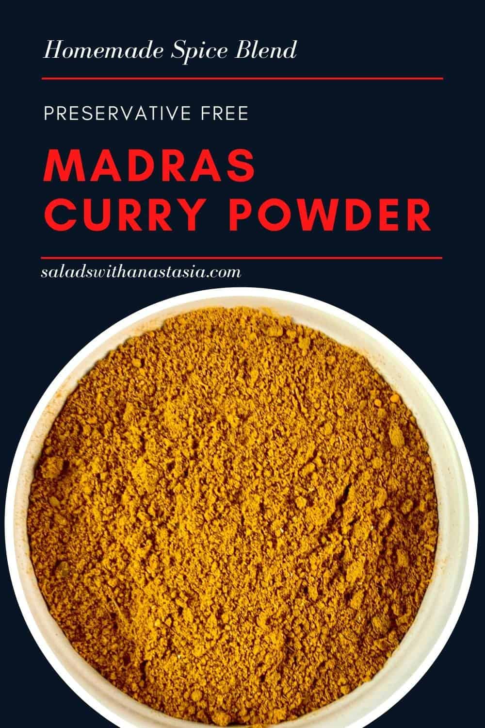 Madras Curry Powder in a white bowl with black background and text overlay.