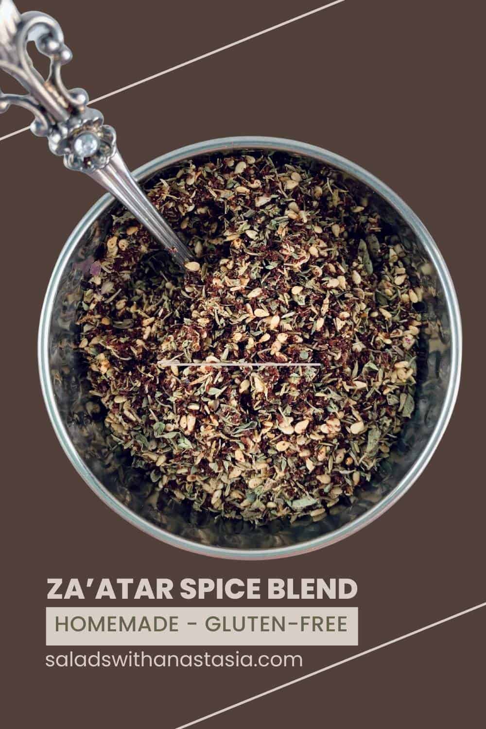 Za'atar substitue in a silver bowl with a spoon, with a text overlay.