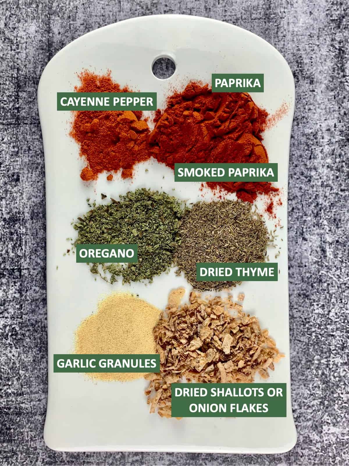 Labelled ingredients needed to make Cajun dry rub on a white board.