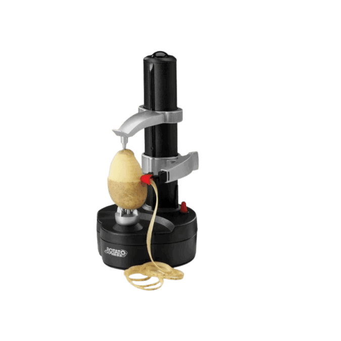 An electric mechanical peeler peeling a potato.