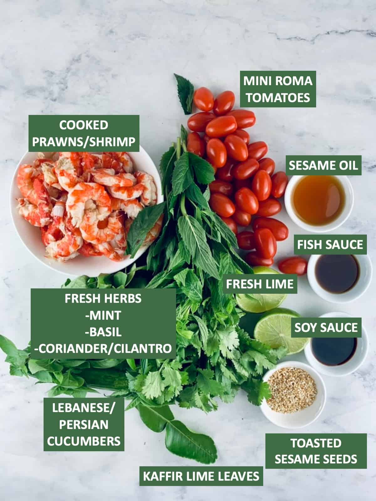 Labelled ingredients needed to make Thai prawn salad.