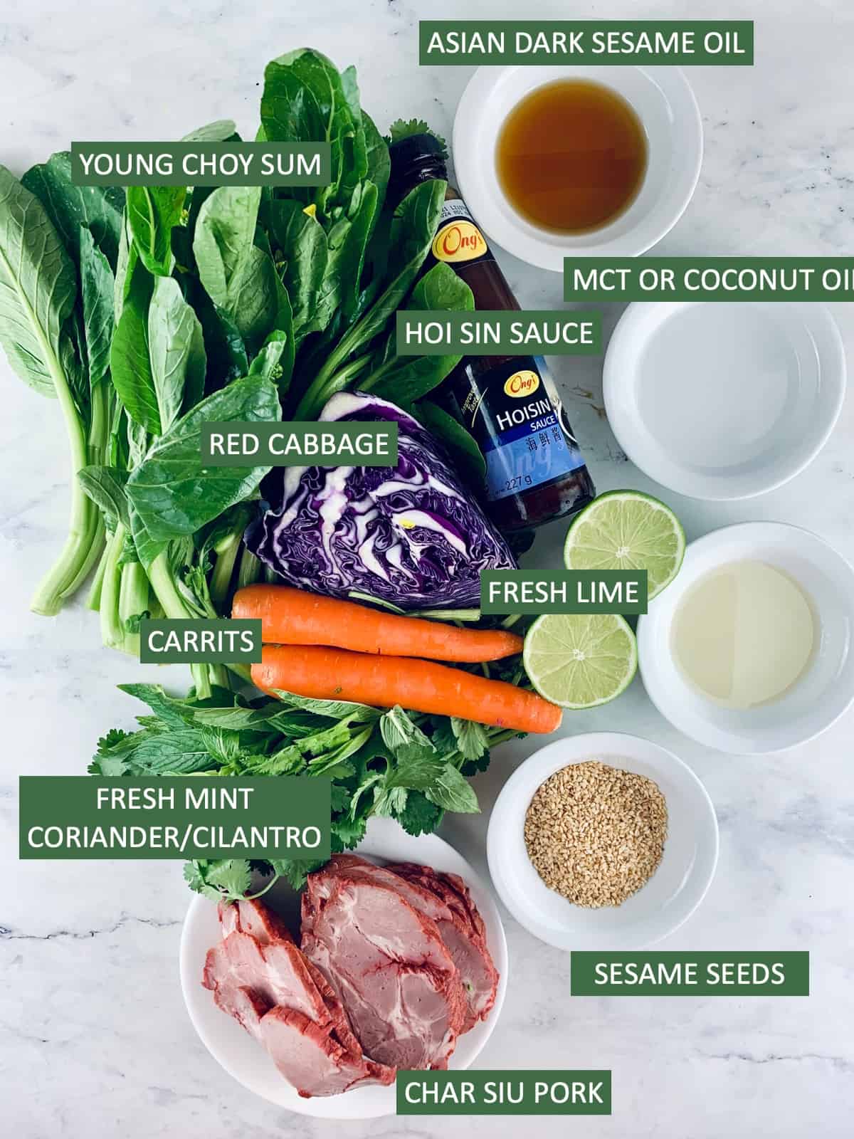 Labelled ingredients needed to make Asian Pork Salad.