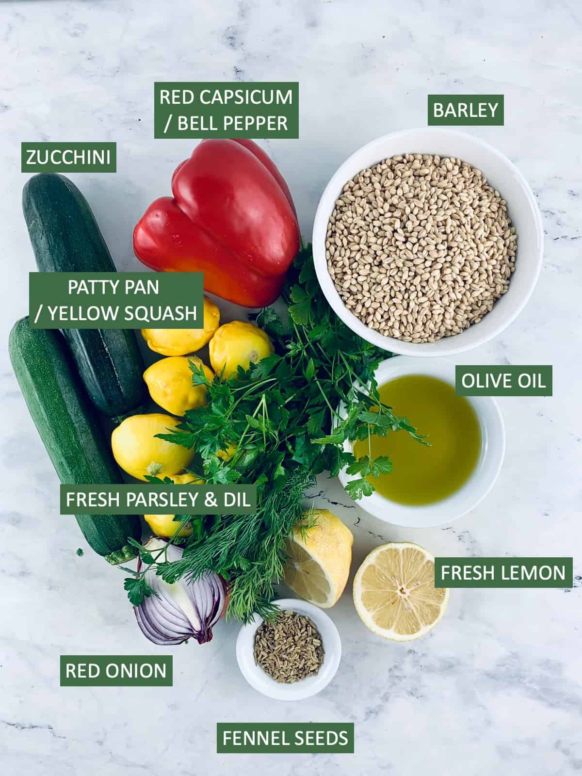 Labelled ingredients needed to make barley salad.