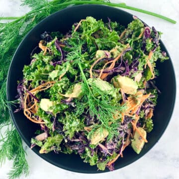 Kale Coleslaw in a black bowl with dill on the side.