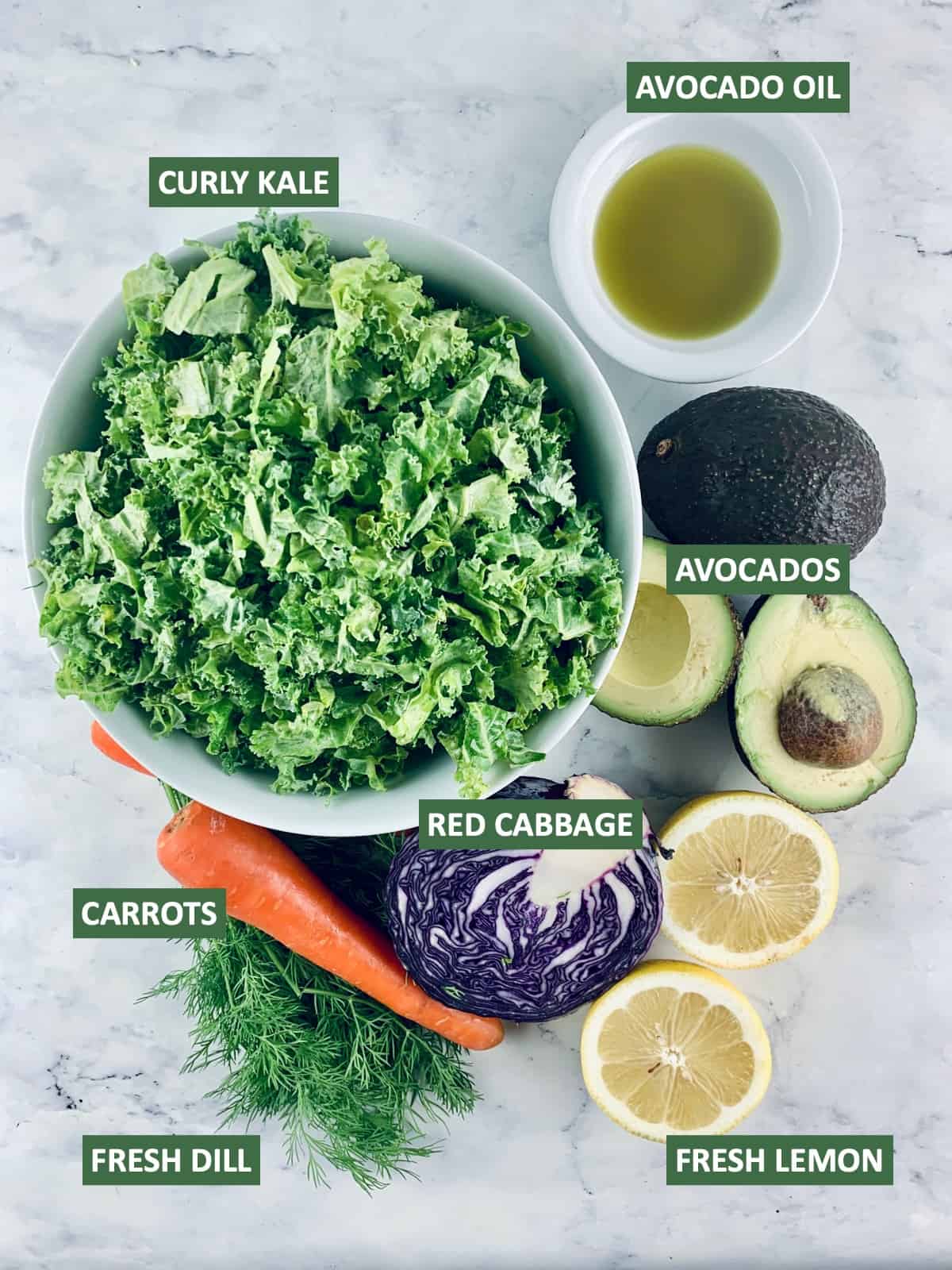 Labelled ingredients needed to make a Kale Coleslaw salad.