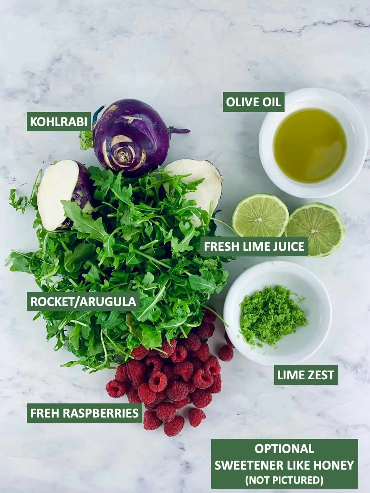 Labelled ingredients needed to make kohlrabi raspberry salad.