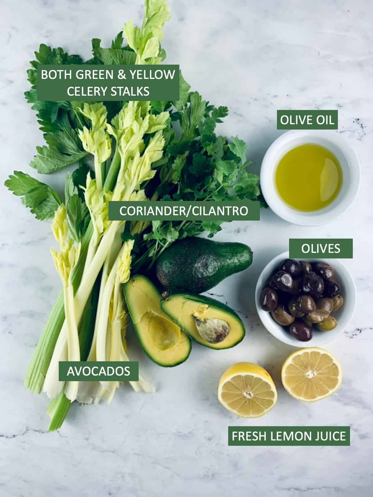 Labelled ingredients needed to make Chilean celery avocado salad.