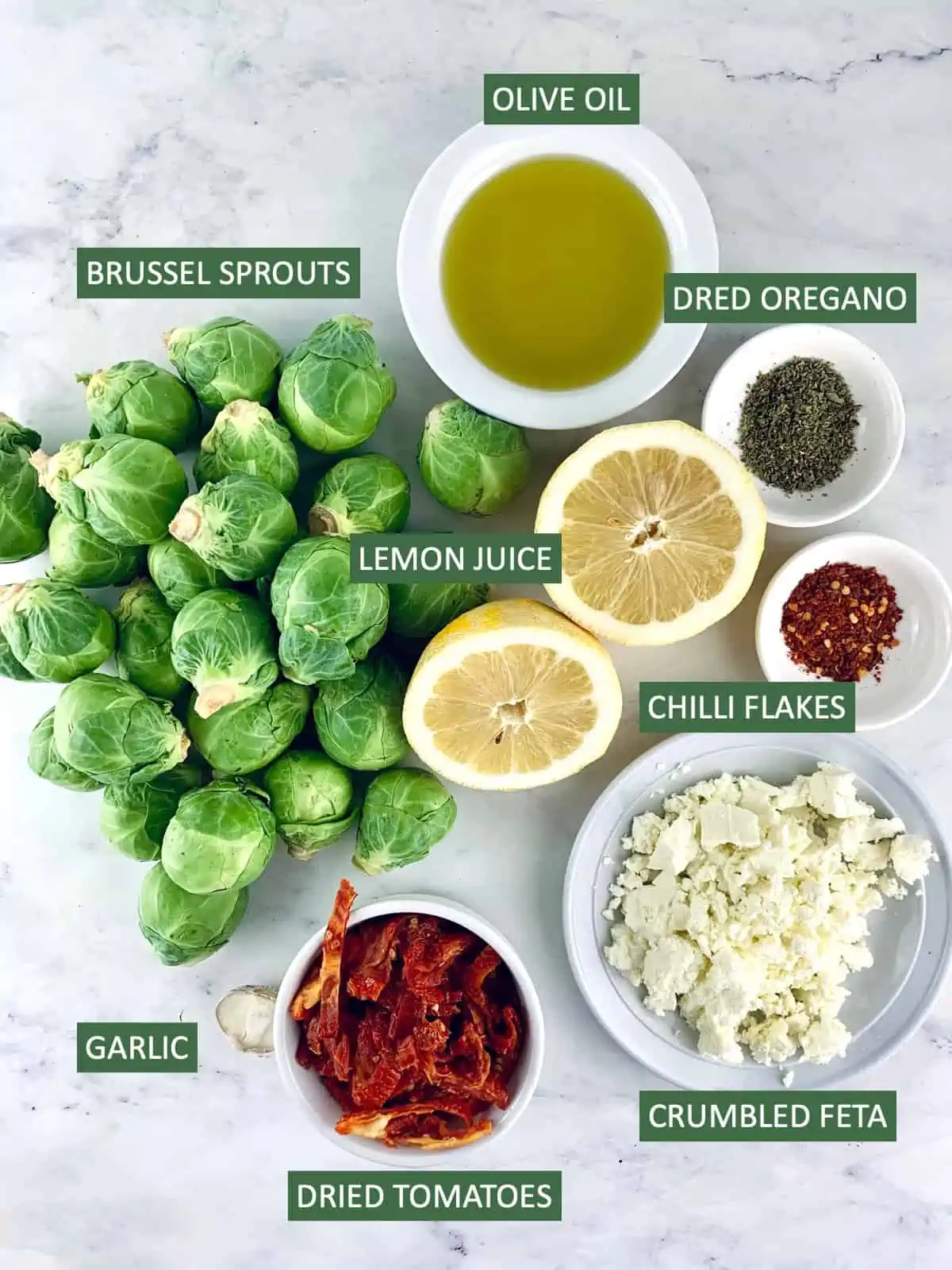 Labelled ingredients needed to make Roasted Brussel Sprout Salad.