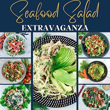 A collection of our seafod salads with a text overlay.