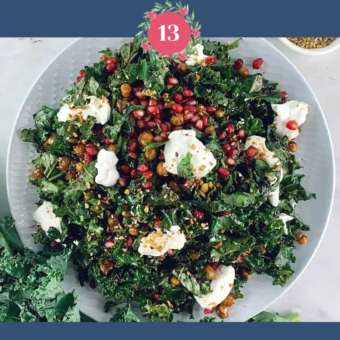 Kale Pomegrante Salad with the number 13 and Xmas graphics.
