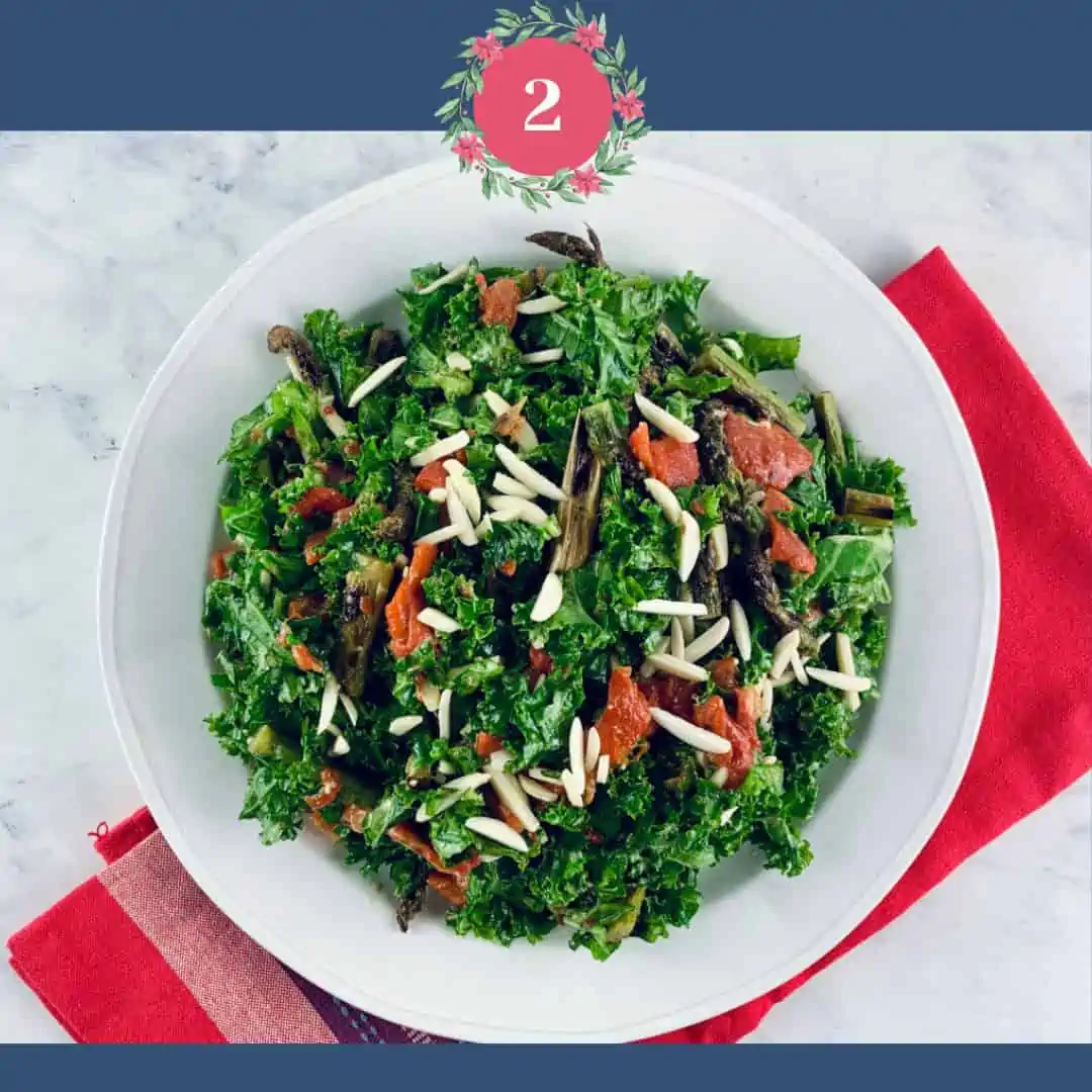 Grilled Asparagus and Kale Salad with the number 2 and Xmas graphics.
