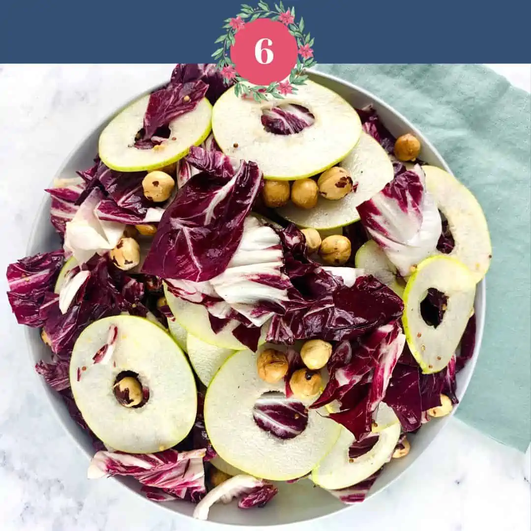 Radicchio and Pear Salad with the number 6 and Xmas graphics.