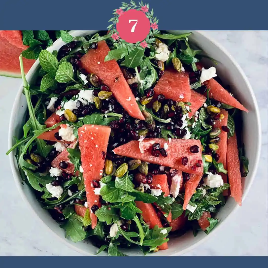Persian Watermelon and Feta Salad with the number 7 and Xmas graphics.