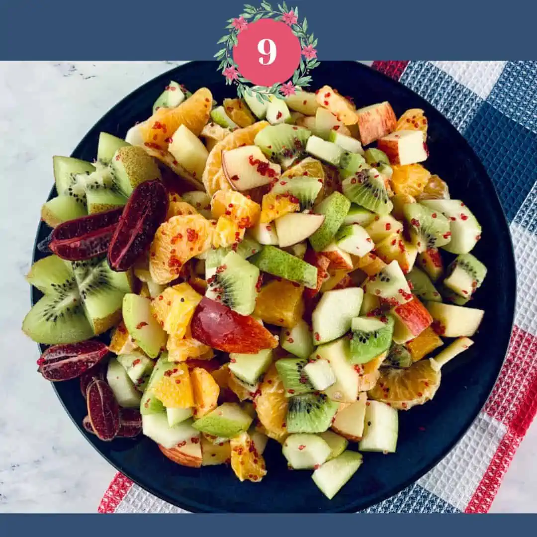 Autumn or Fall Fruit Salad Salad with the number 9 and Xmas graphics.