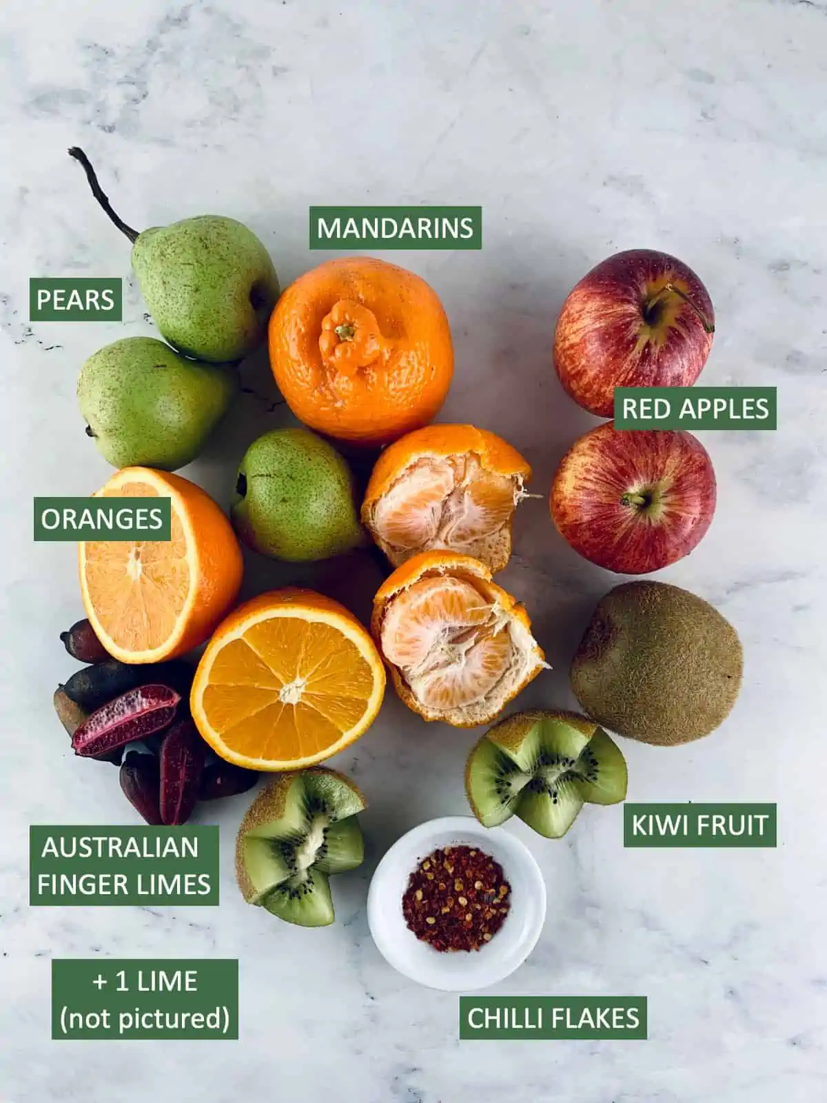 Labelled ingredients needed to make an autumn fruit salad.