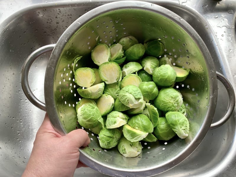 Drainign washed sprouts in a colander in the sink.