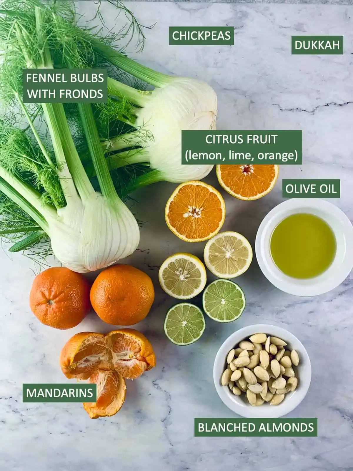 Labelled ingredients needed to make Fennel Mandarin Salad.