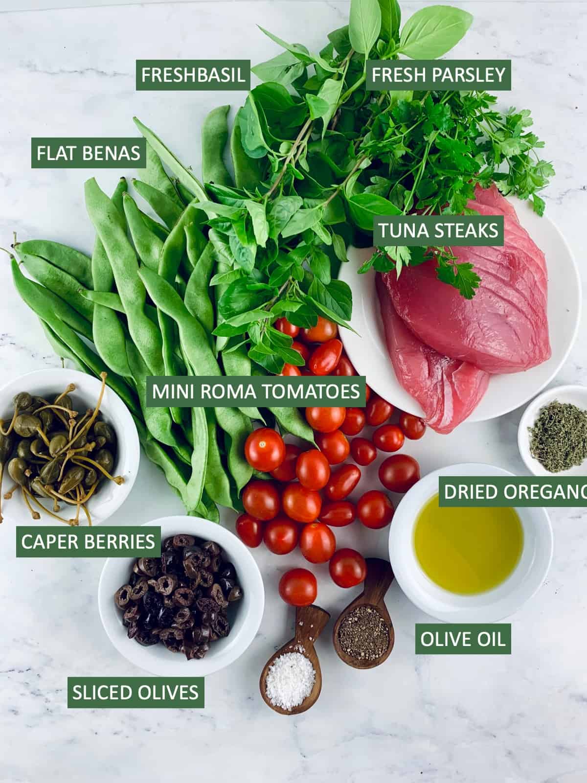 Labelled ingredients needed to make fresh tuna salad.