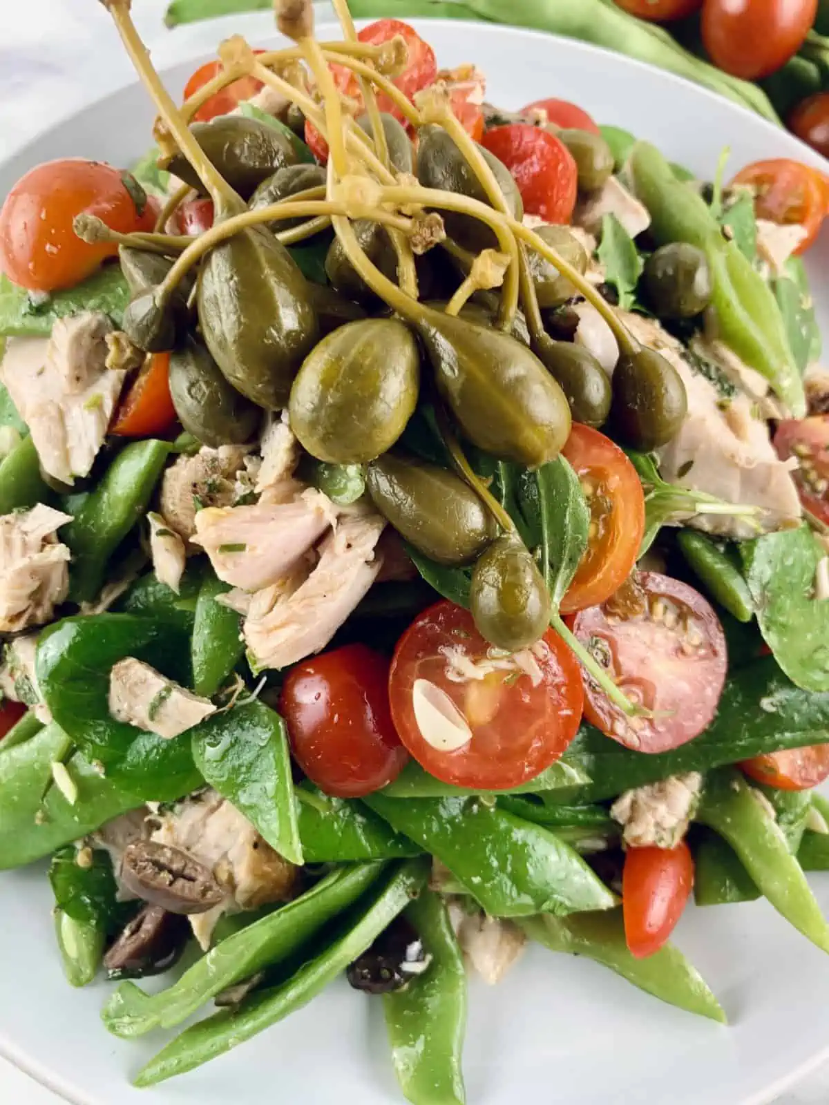 Close-up of Fresh tuna salad on a white plate with tomatoes and flat beans on the side.