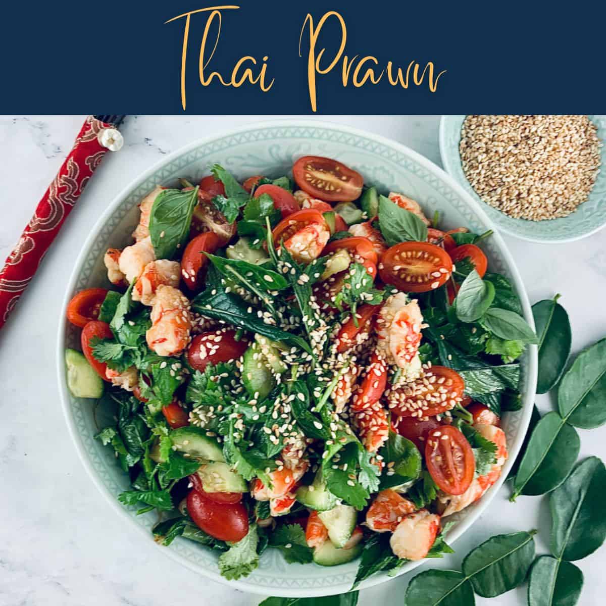 Thai prawn salad with text overlay.