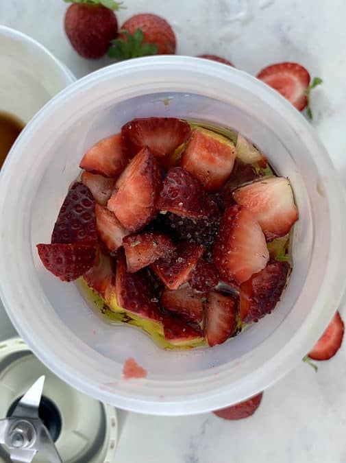 Strawberry balsamic ingredients in a blender.