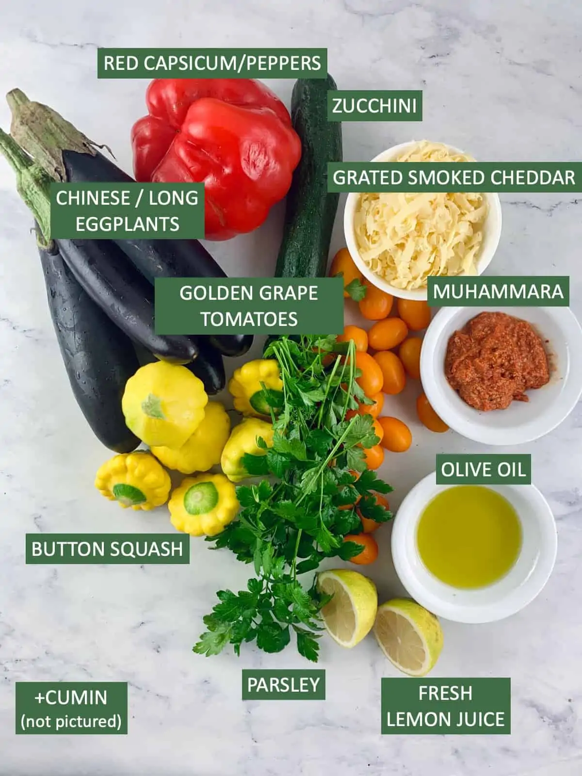 Labelled ingredients needed to make Roasted summer vegetable salad.