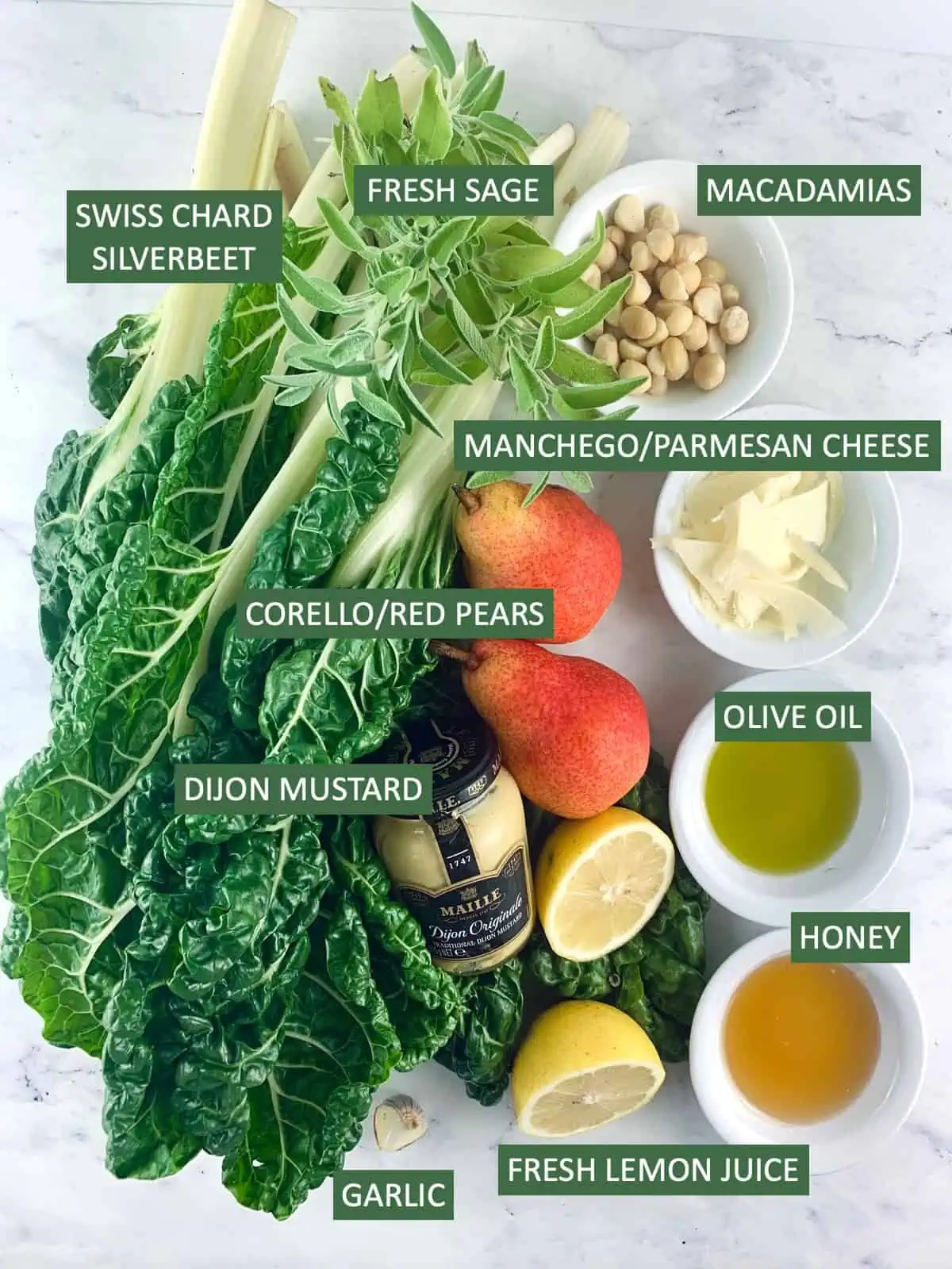 Labelled ingredients needed to make a swiss chard salad.