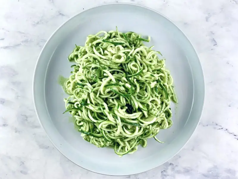 Dressed zoodles on a platter.