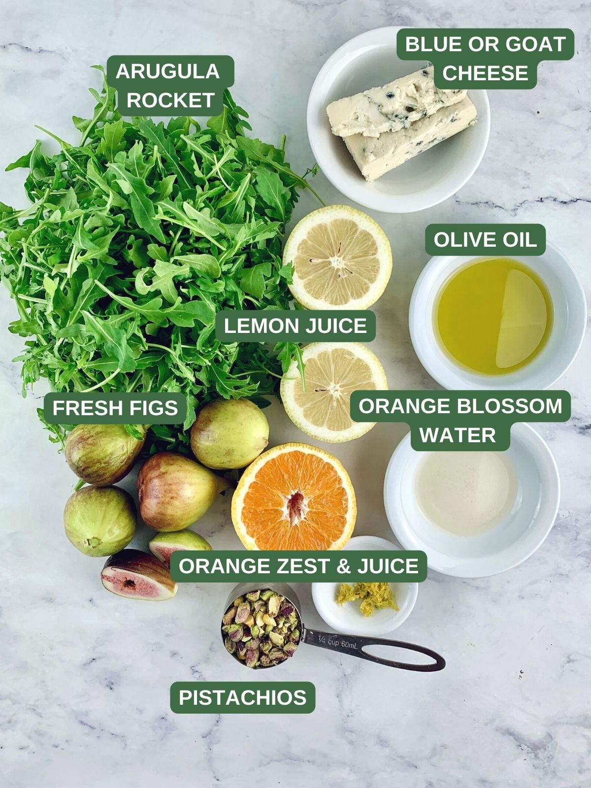 Labelled ingredients needed to make arugula fig salad.