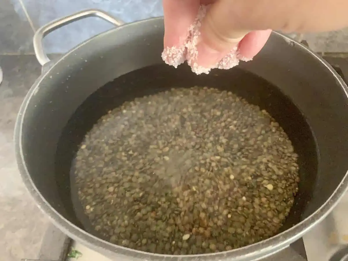 Hands adding salt to a pot with lentils and water.