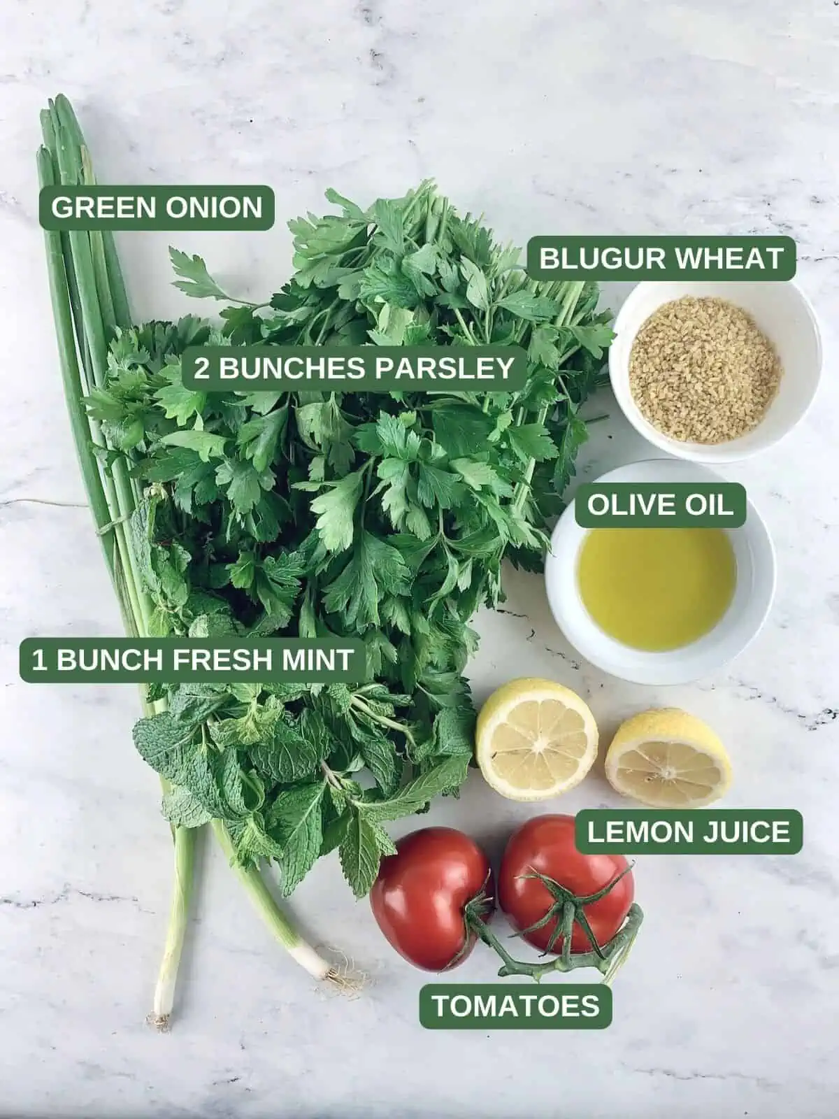 Labelled ingredients needed to make a Lebanese tabbouleh salad.