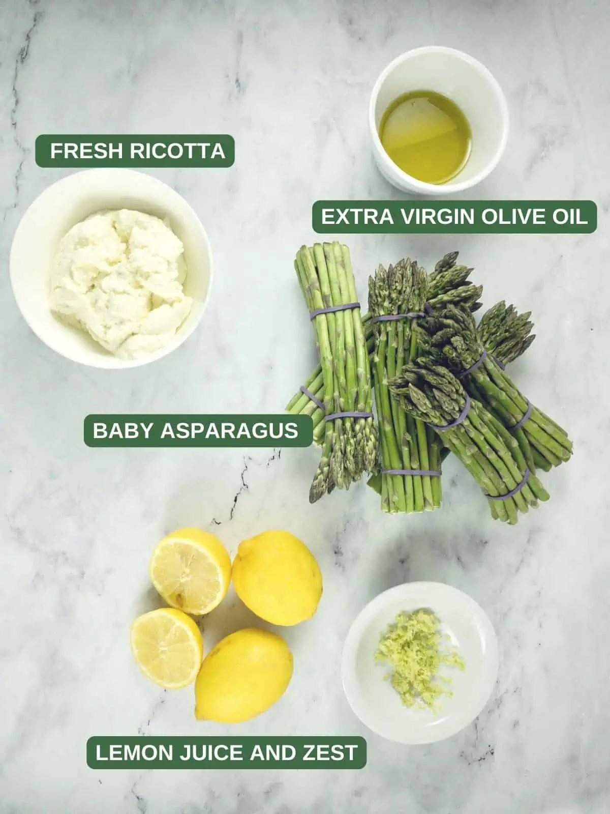 Labelled ingredients needed to make baby asparagus salad.