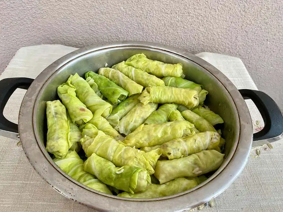 Stuffed Cabbage rolls in a pan.