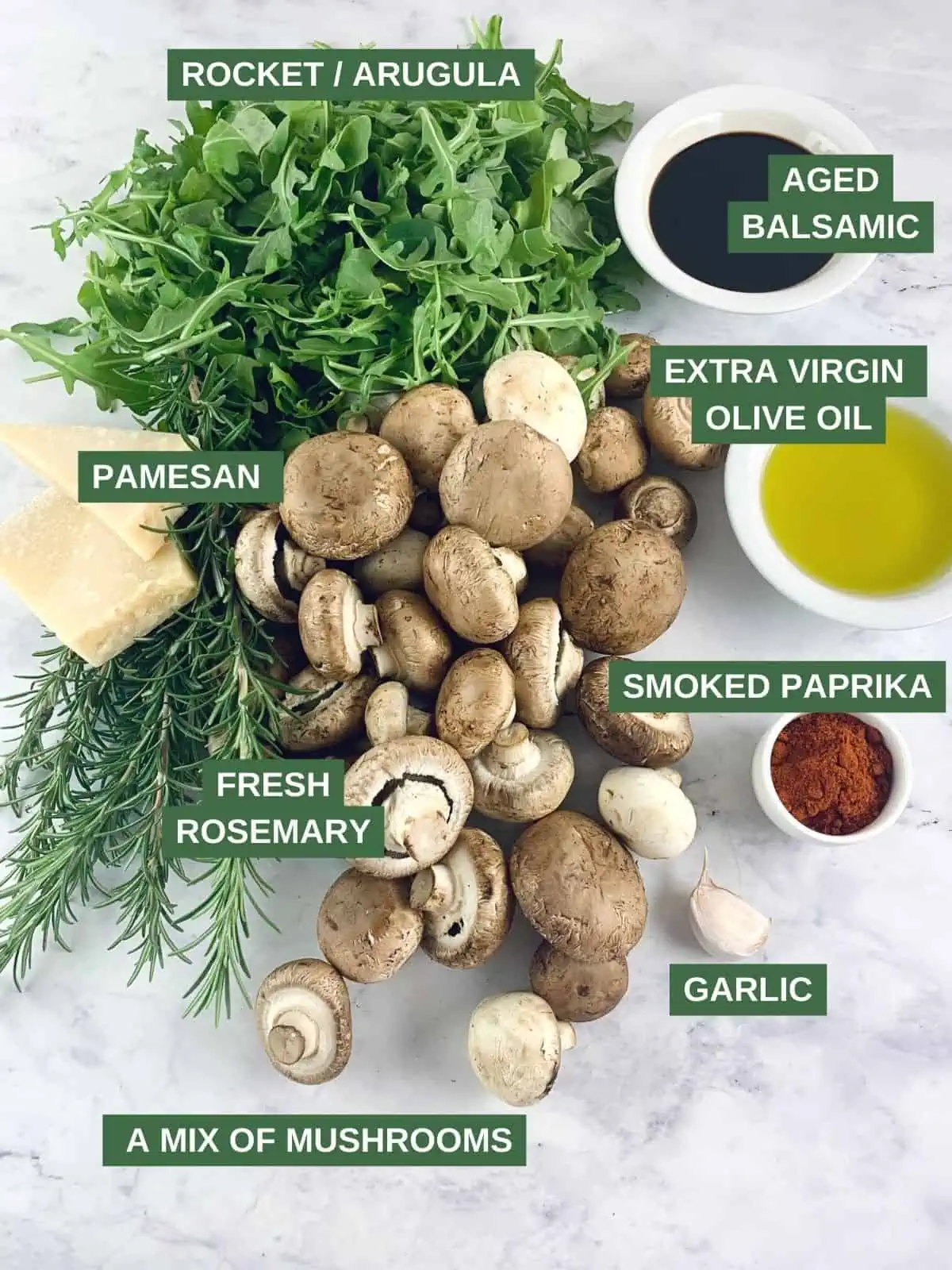 Labelled ingredients needed to make a balsamic mushroom salad recipe.