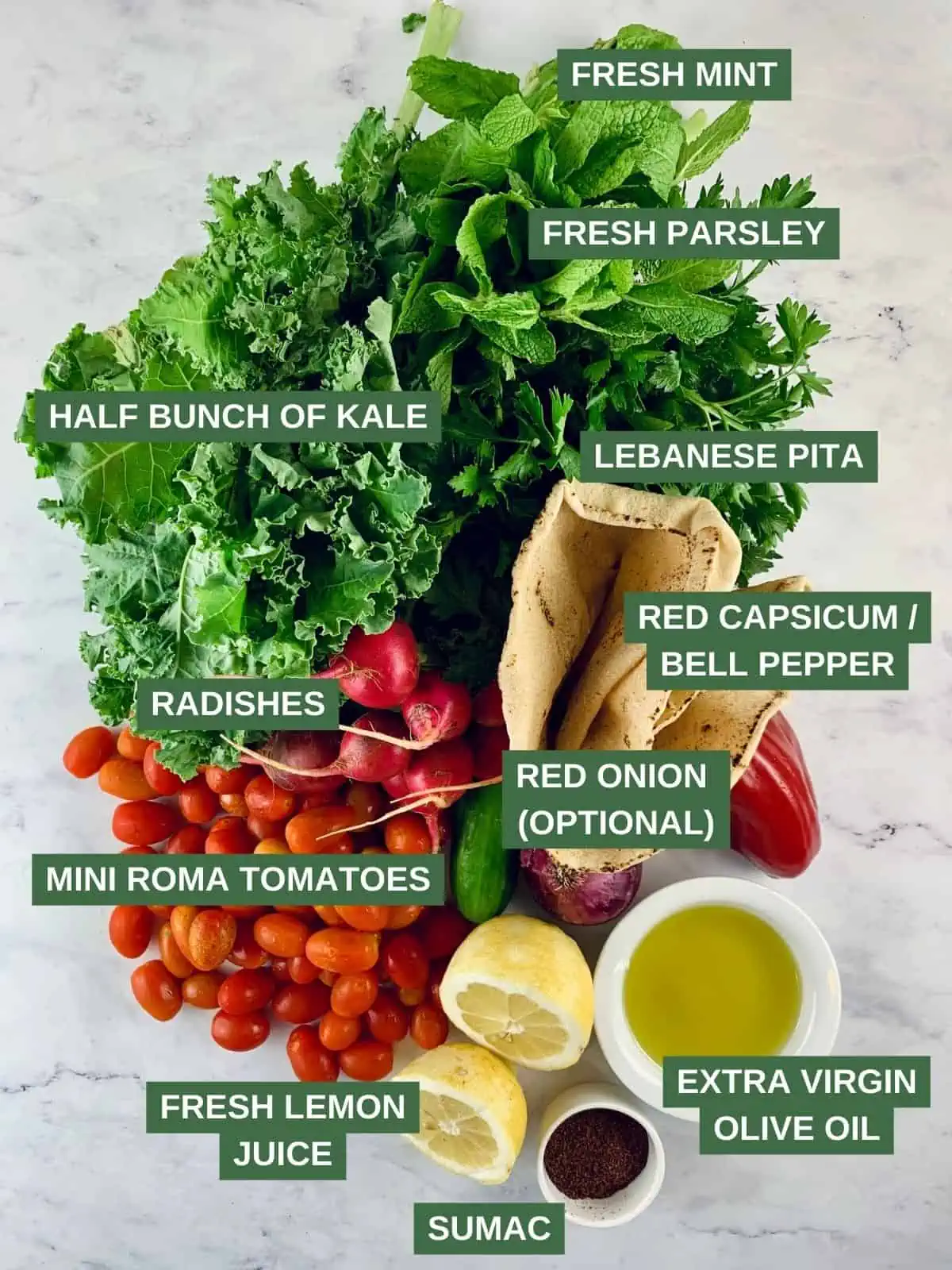 Labelled ingredients needed to make kale fatoush salad. 