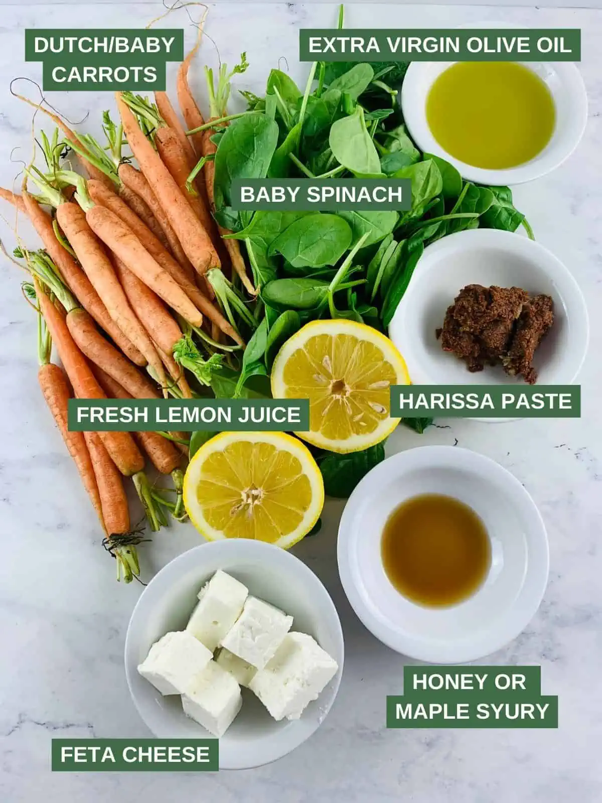 Labelled ingredients needed to make honey harissa carrots.