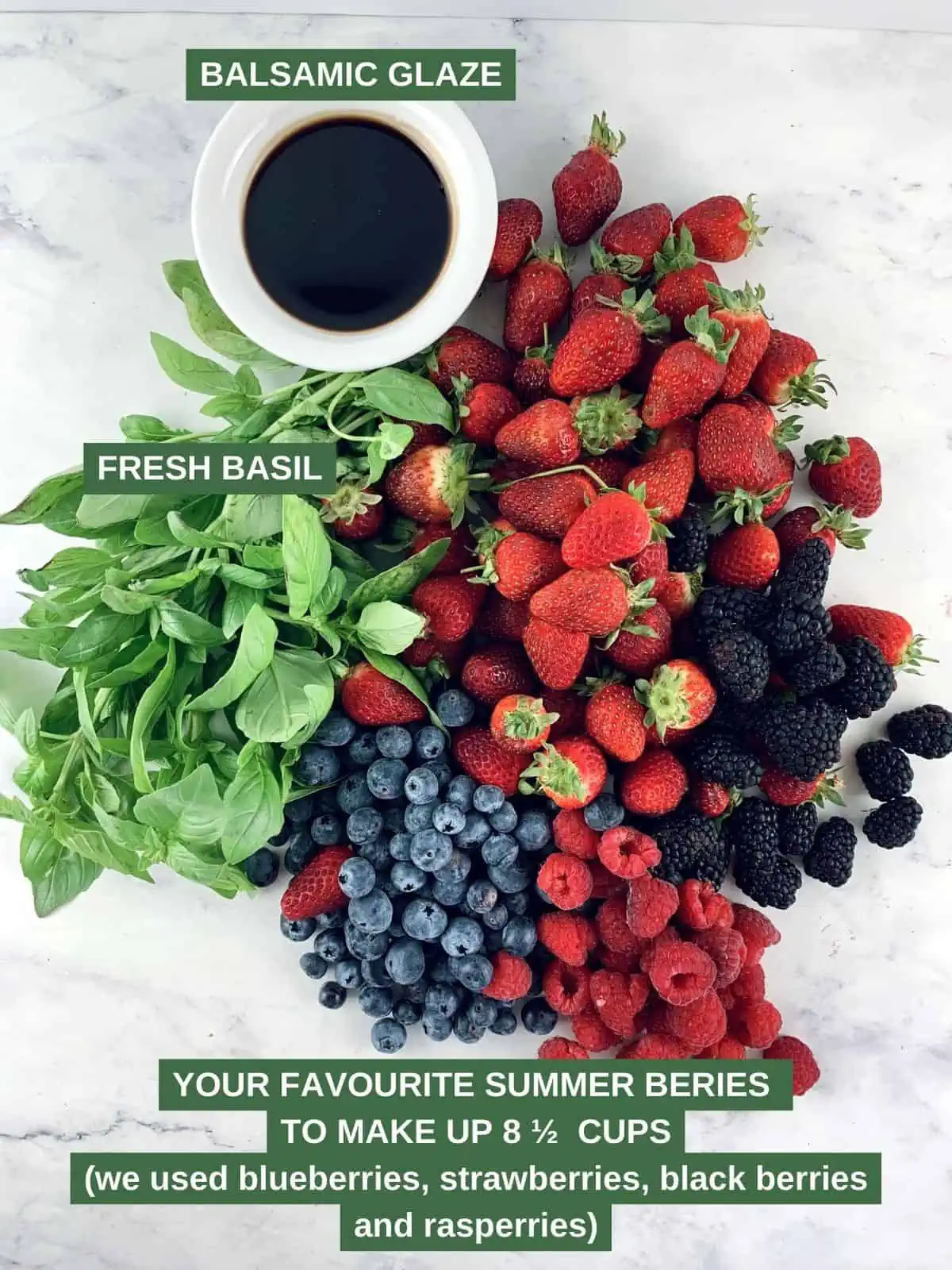 Labelled ingredients needed to make a summer berry salad.