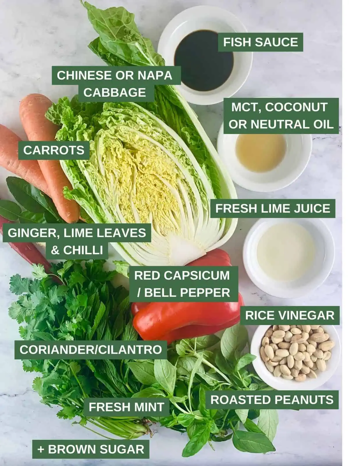Labelled ingredients needed to make Thai Asian Slaw.