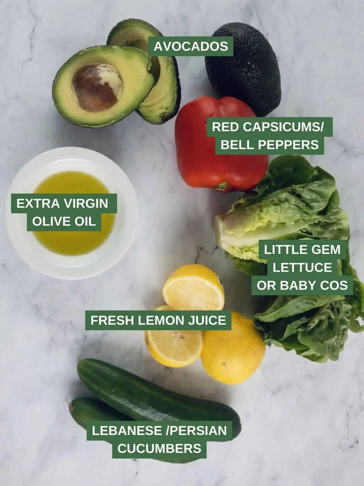 Labelled ingredients needed to make a little gem lettuce salad.