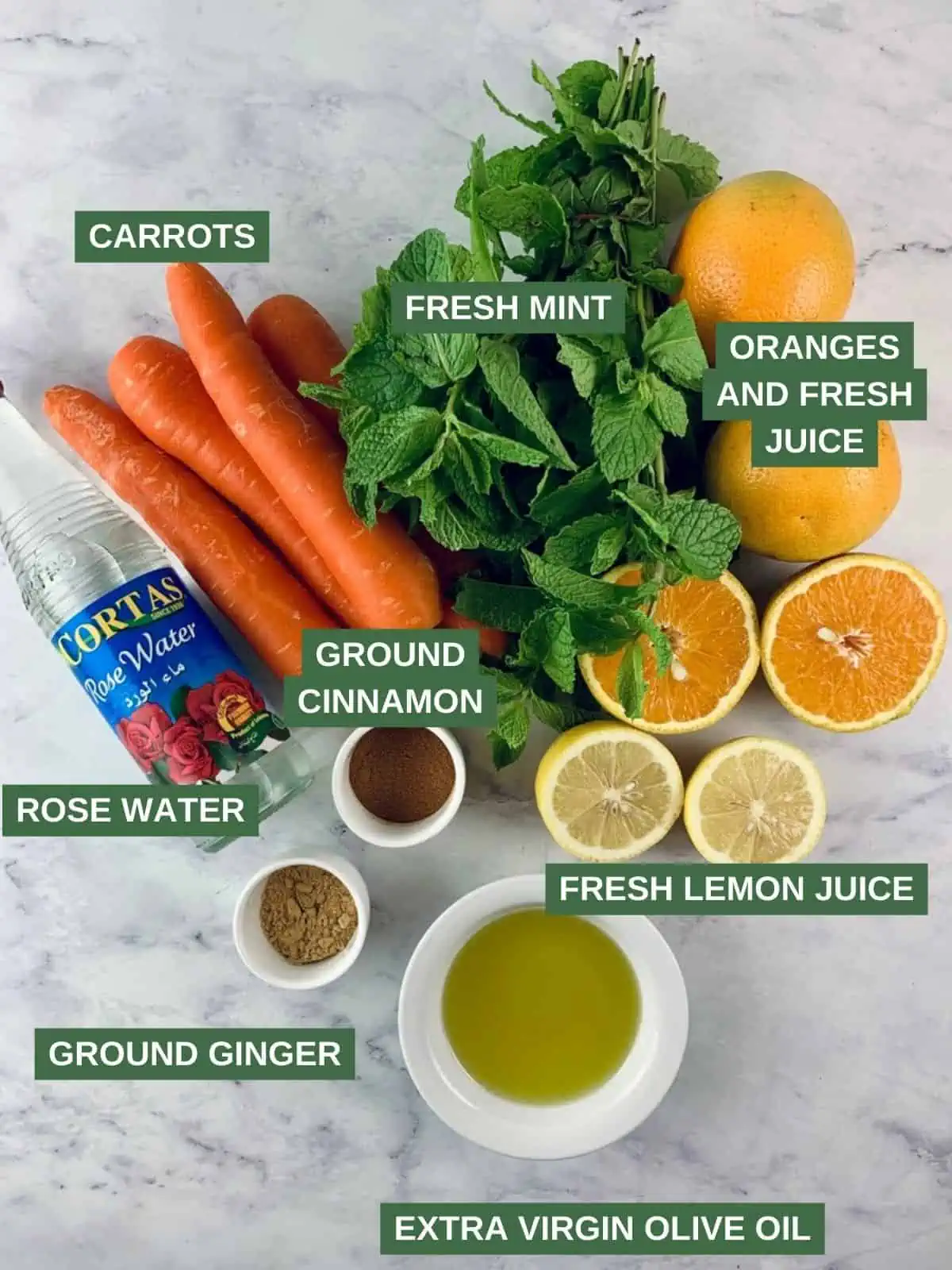 Labelled ingredients needed to make orange and carrot salad.