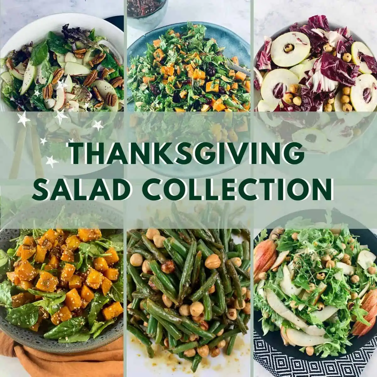 A collection of thanksgiving salads with a text overlay.