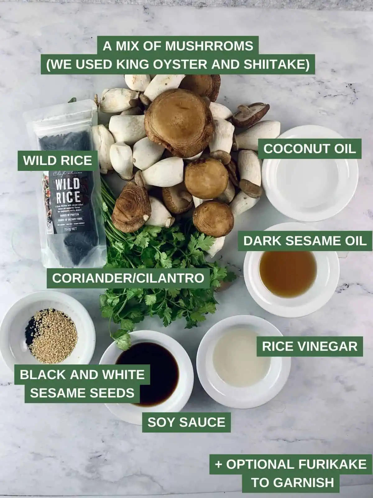Labelled ingredients needed to make a wild rice salad with asian mushrooms.