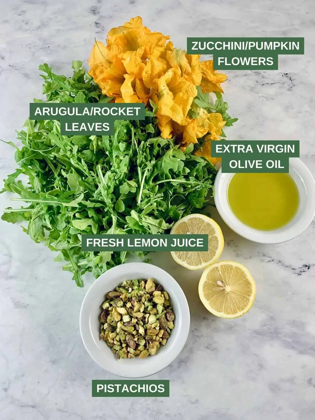 Labelled ingredients needed to make an arugula salad recipe with squash flowers.