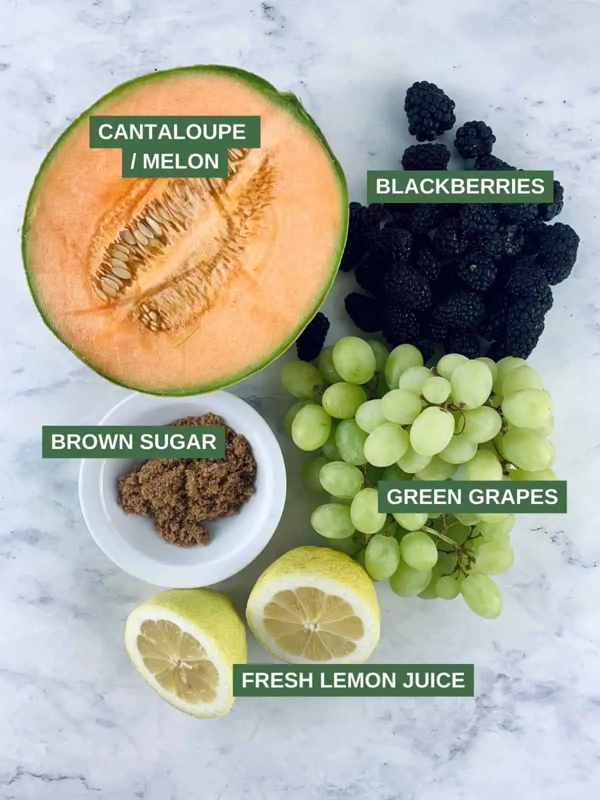 Labelled cantaloupe salad ingredients.