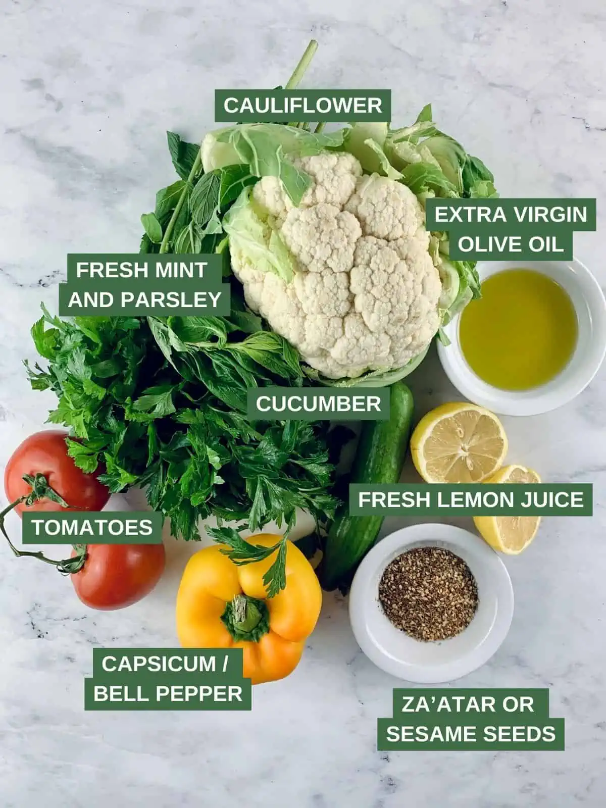 Labelled ingredients needed to make cauliflower tabbouleh.