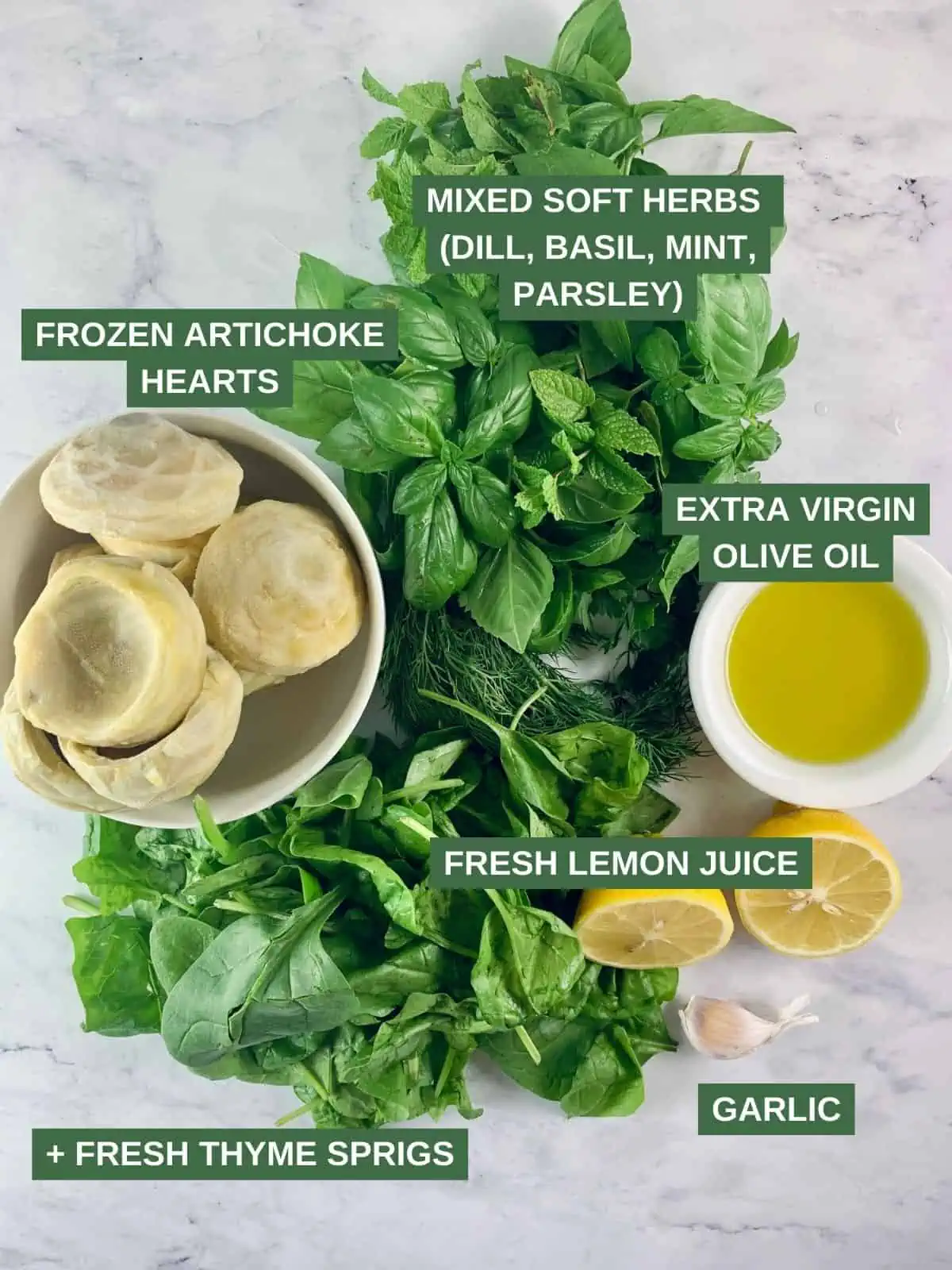Labelled ingredients needed to make frozen artichoke hearts.